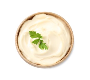 Photo of Bowl with delicious mayonnaise and parsley isolated on white, top view