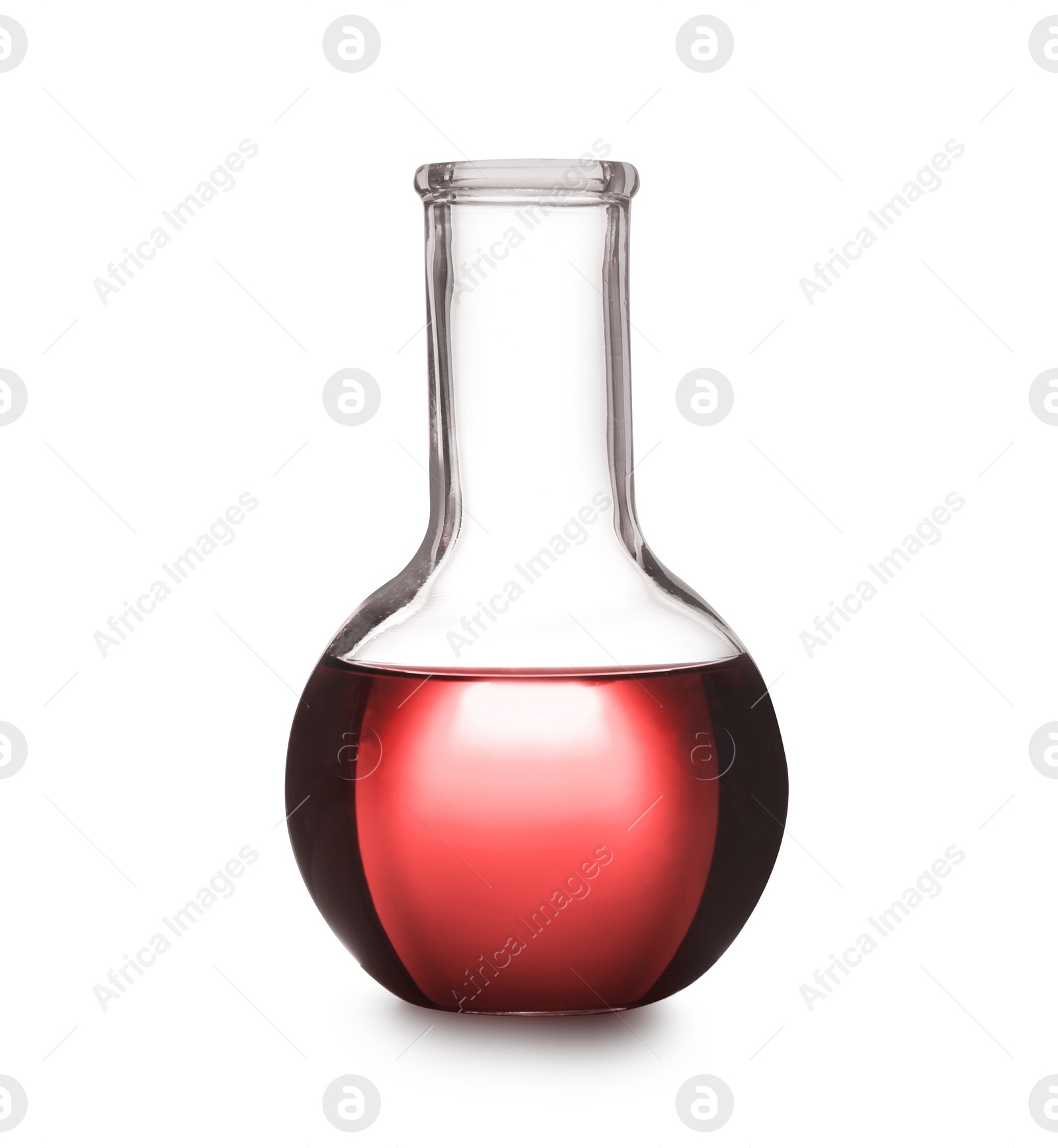 Image of Boiling flask with red liquid isolated on white. Laboratory glassware