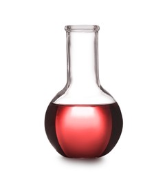 Boiling flask with red liquid isolated on white. Laboratory glassware