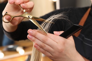 Hairdresser cutting client's hair with scissors in salon, closeup