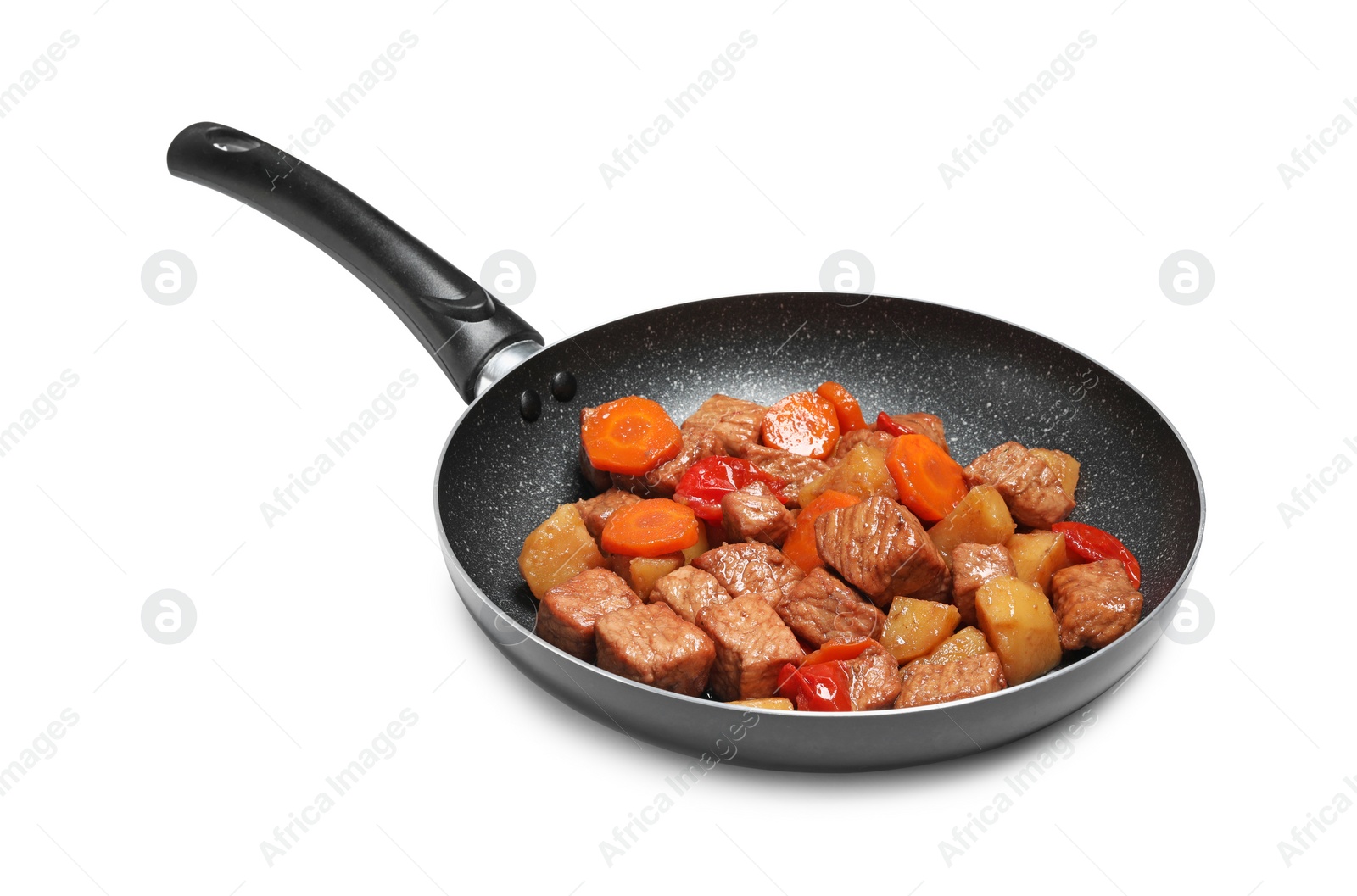 Photo of Frying pan with delicious goulash isolated on white