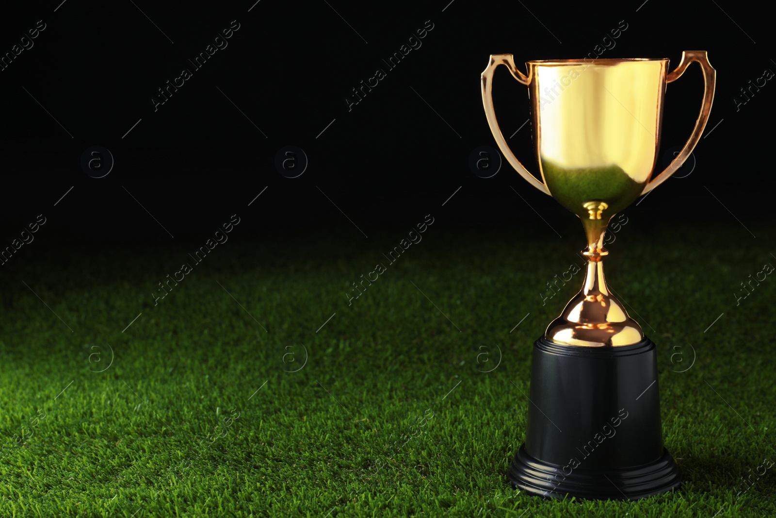 Photo of Golden trophy cup on green grass against black background. Space for text