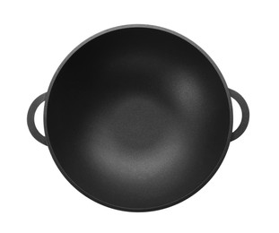 Empty iron wok isolated on white, top view. Chinese cookware