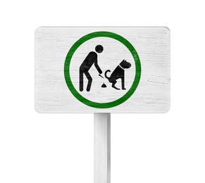 Wooden sign board PLEASE CLEAN UP AFTER YOUR DOGS on white background