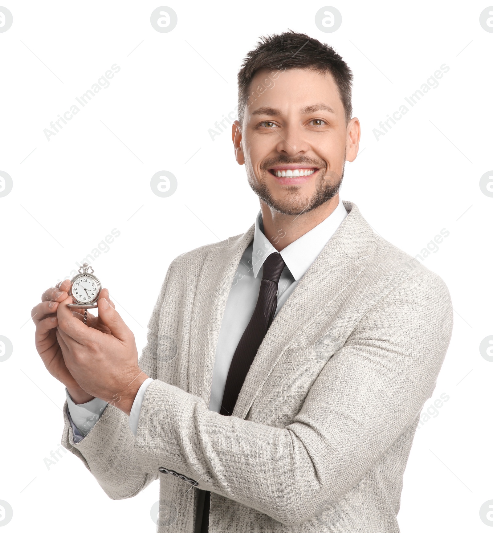 Photo of Happy businessman holding pocket watch on white background. Time management