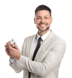 Happy businessman holding pocket watch on white background. Time management
