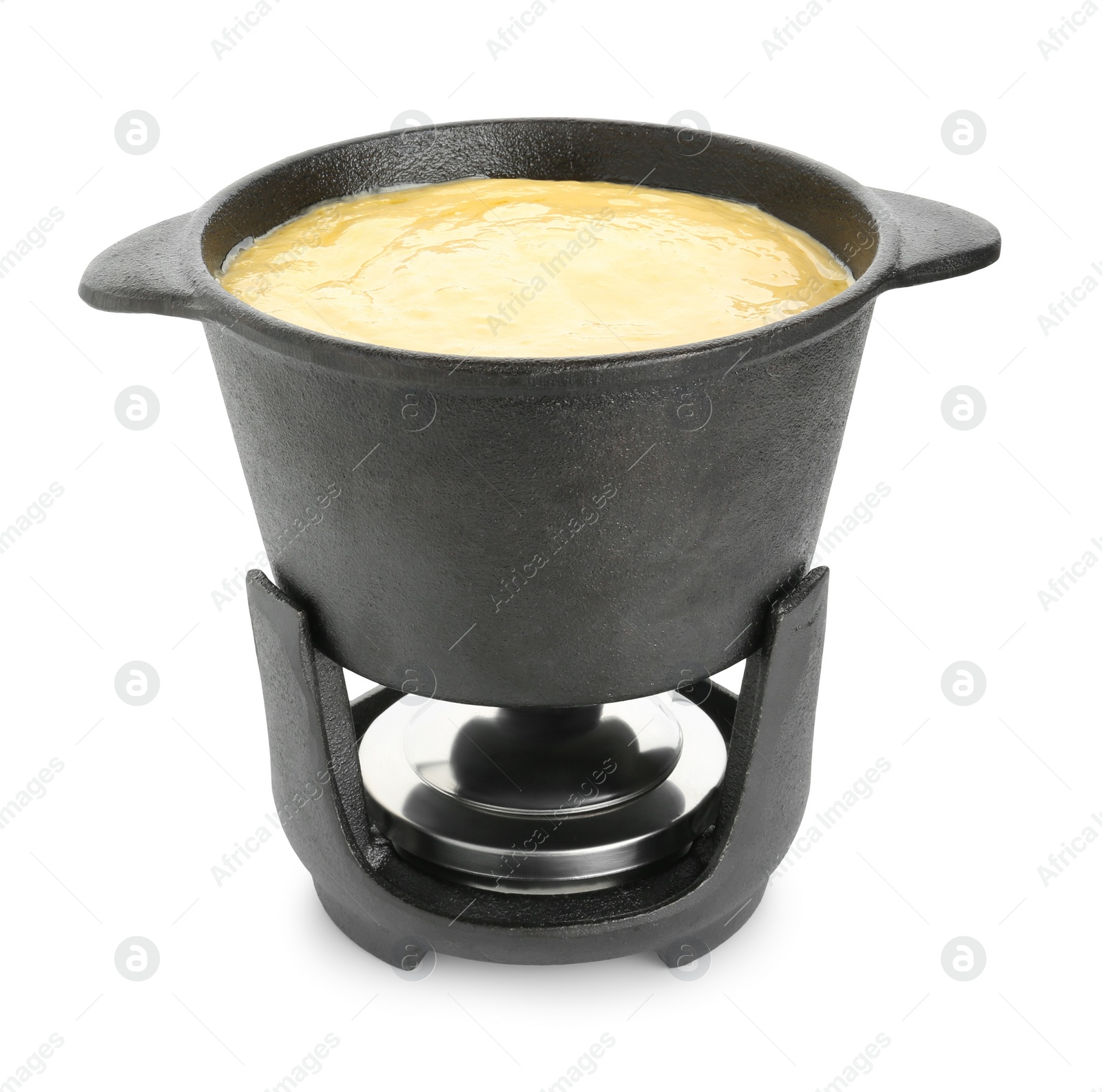 Photo of Fondue pot with tasty melted cheese isolated on white