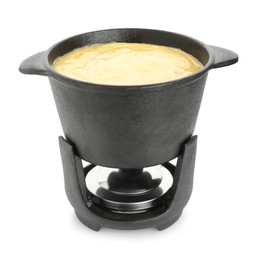 Fondue pot with tasty melted cheese isolated on white