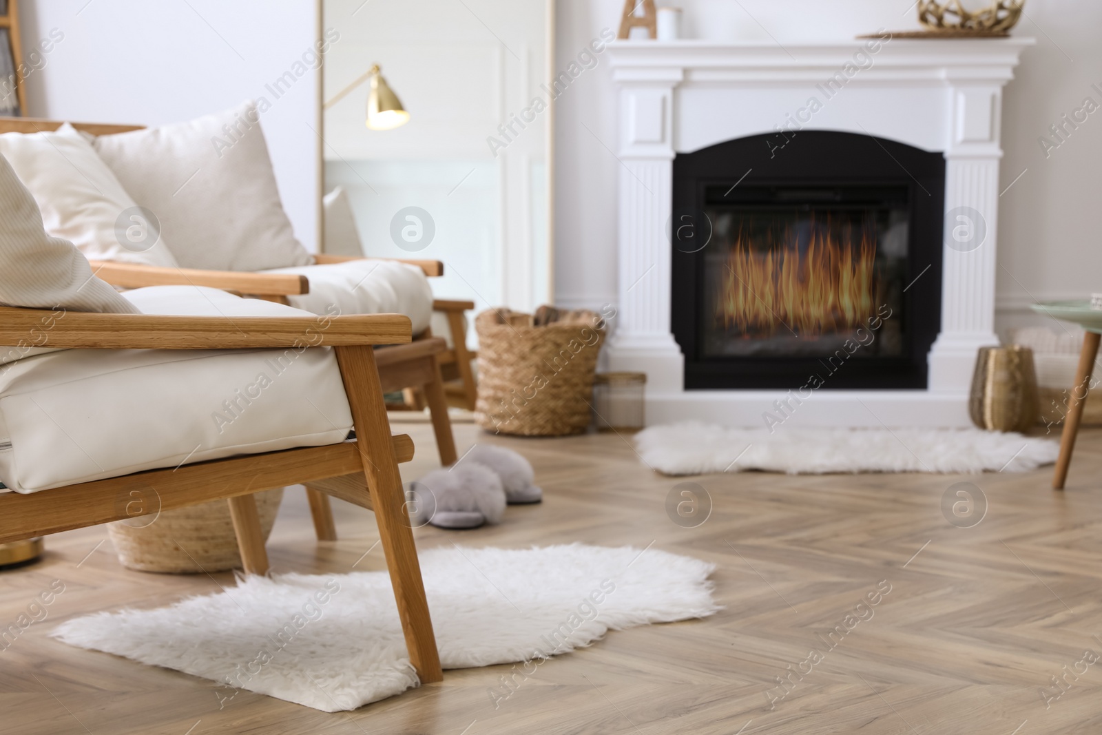 Photo of Beautiful living room interior with fireplace and armchairs