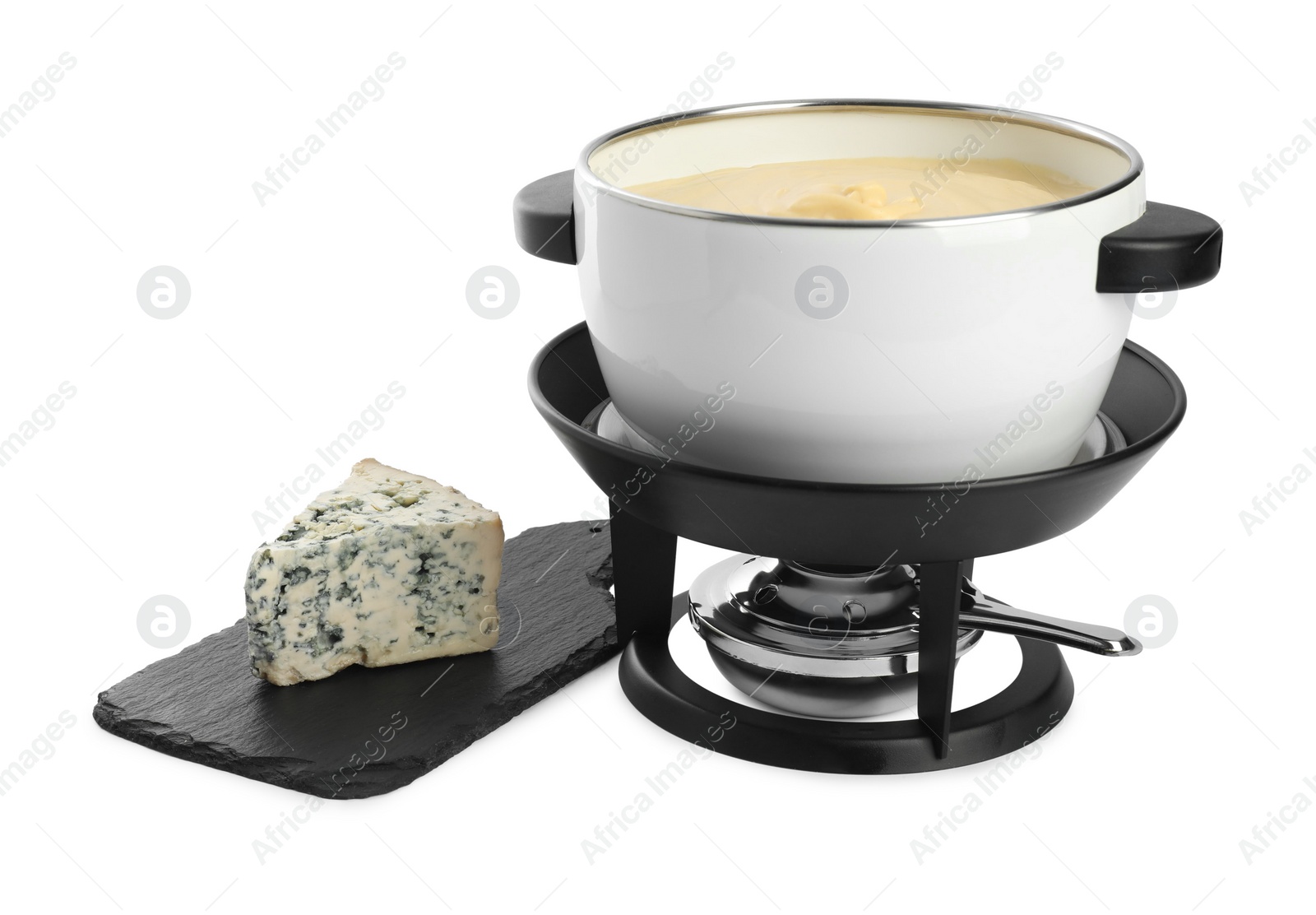 Photo of Fondue with tasty melted cheese and piece isolated on white