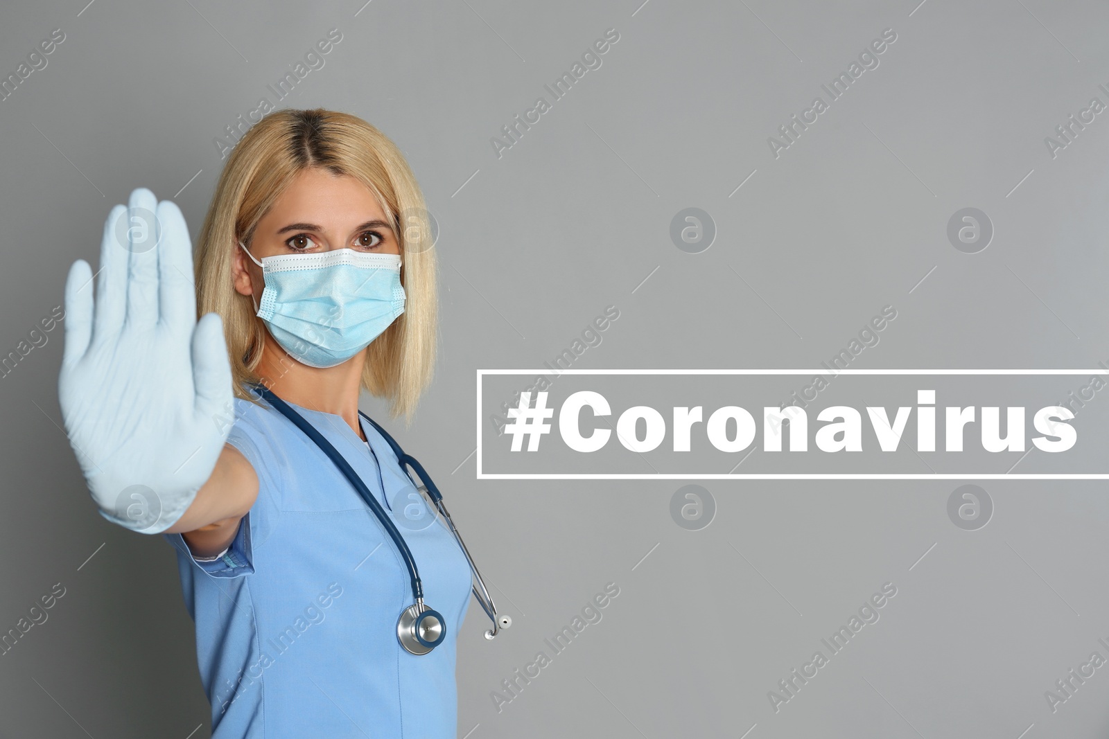 Image of Doctor in protective mask showing stop gesture near hashtag Coronavirus on grey background