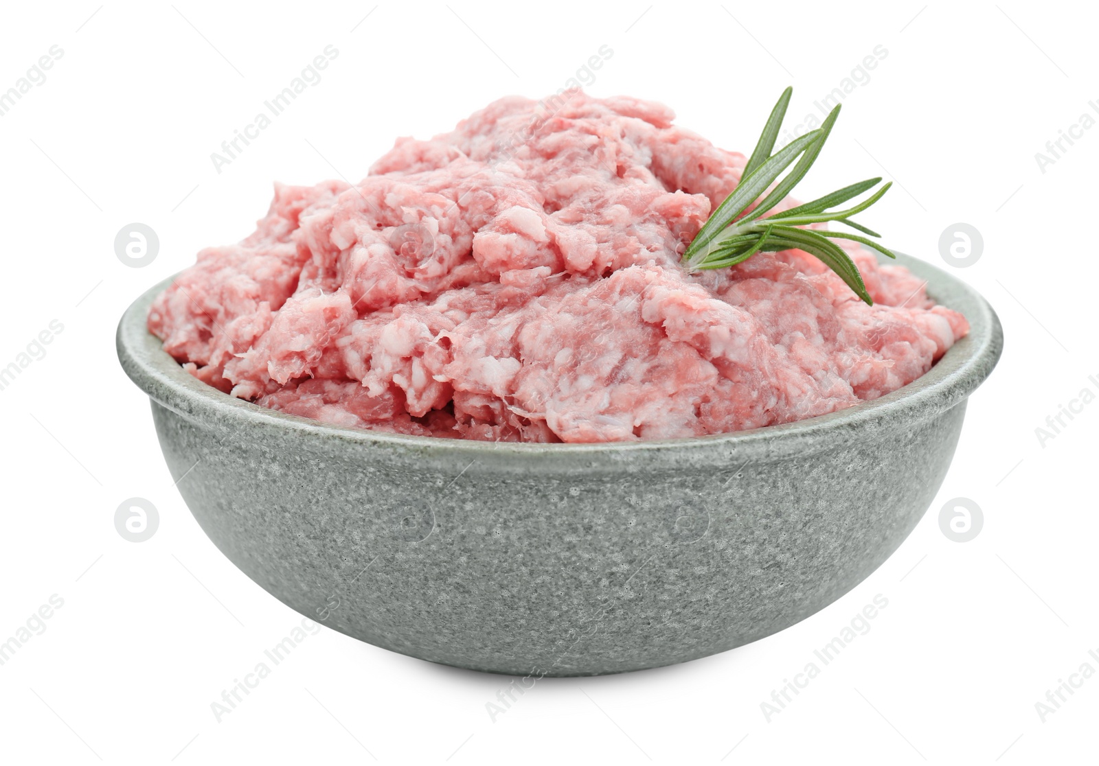 Photo of Bowl of raw fresh minced meat with rosemary isolated on white