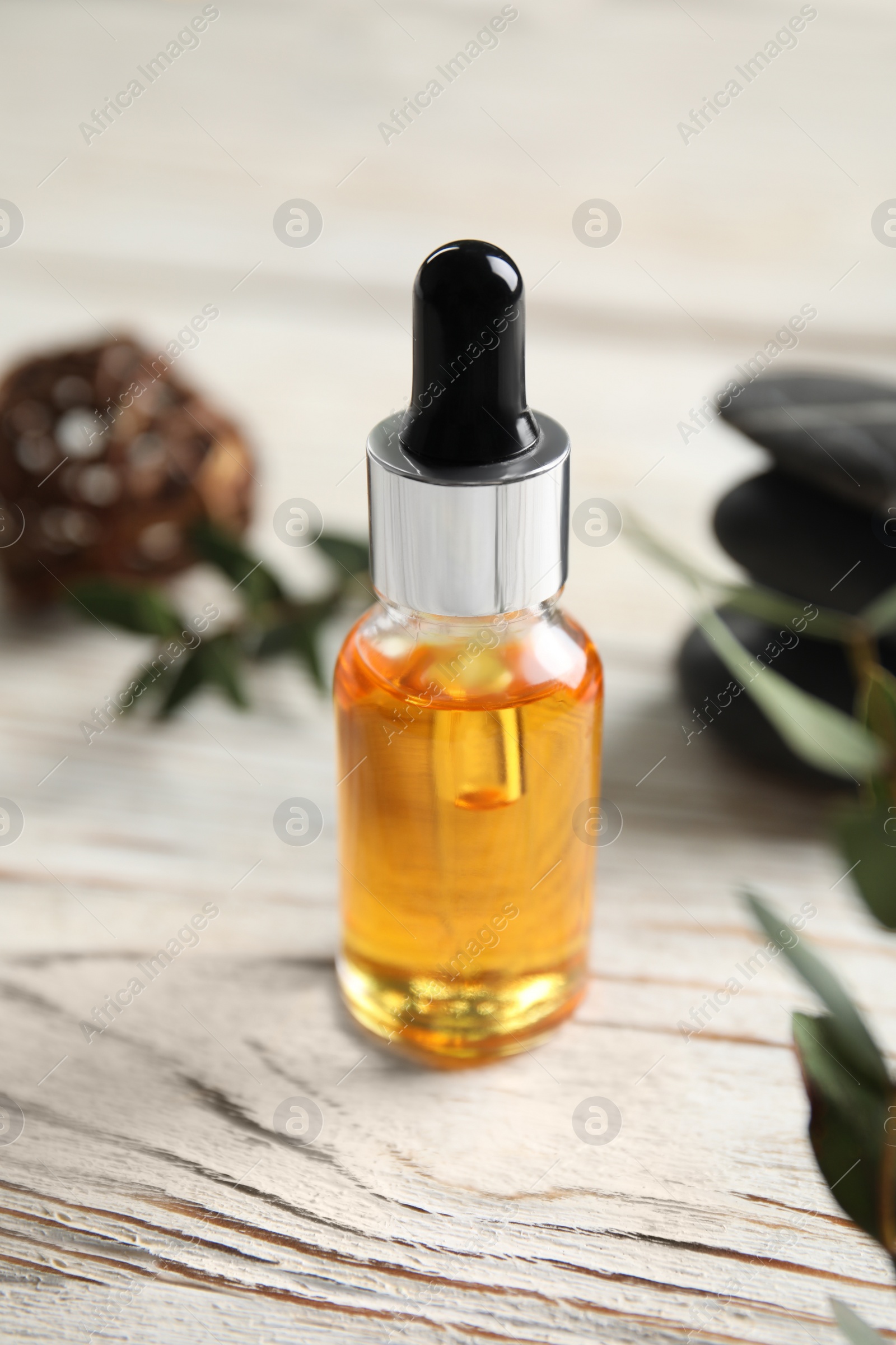 Photo of Composition with spa cosmetic on white wooden table, closeup