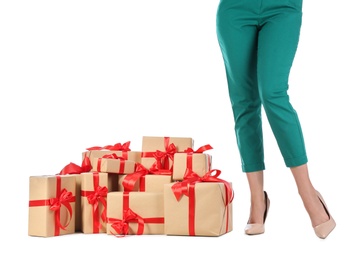 Photo of Woman and gift boxes on white background, closeup. Black Friday Sale