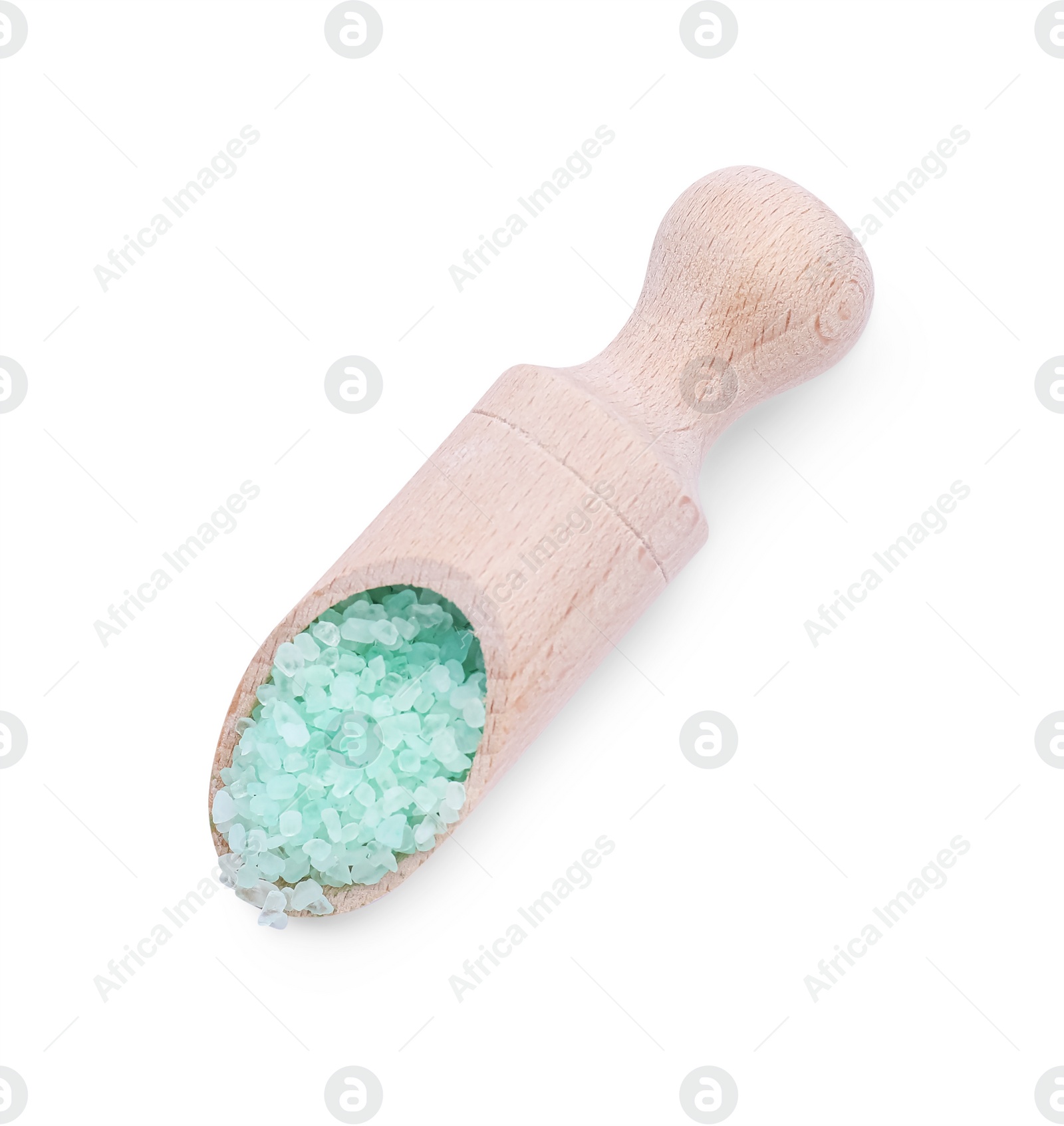 Photo of Wooden scoop with turquoise sea salt isolated on white, top view