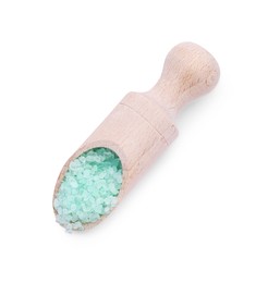 Photo of Wooden scoop with turquoise sea salt isolated on white, top view