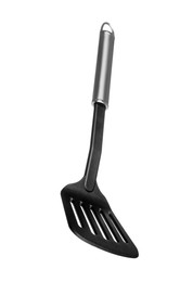 Photo of One black spatula with metal handle isolated on white