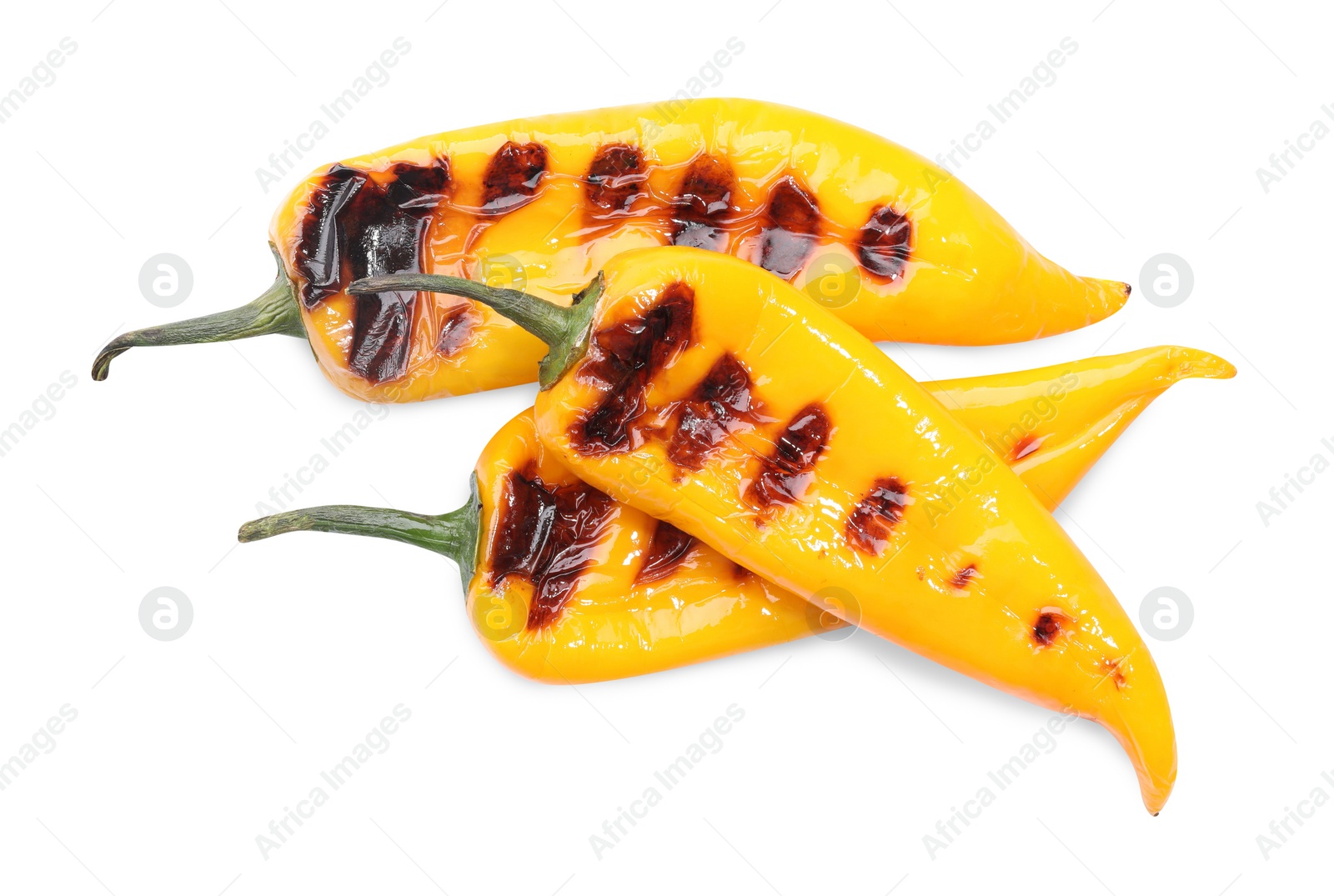 Photo of Tasty grilled yellow peppers isolated on white, top view
