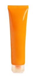 Orange tube with sun protection body cream on white background. Cosmetic product