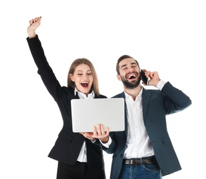 Photo of Emotional young people in office wear with laptop celebrating victory on white background