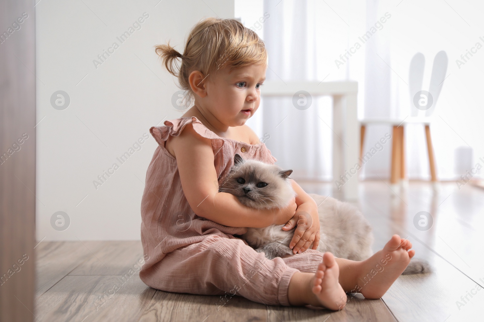 Photo of Cute little child with adorable pet on floor at home