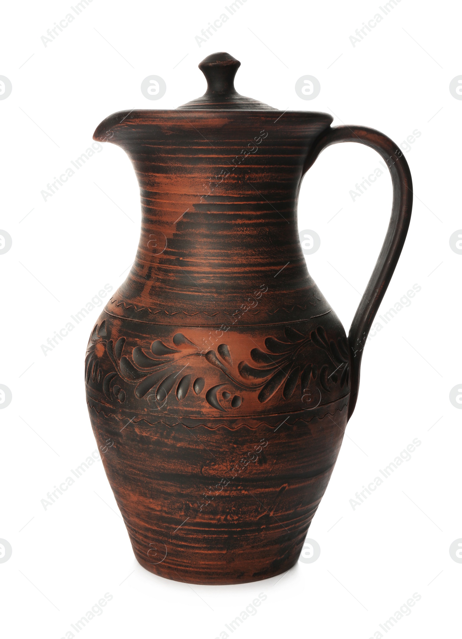 Photo of Stylish brown clay jug isolated on white