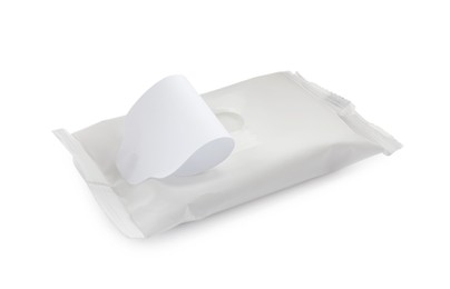 Photo of Open wet wipes flow pack isolated on white