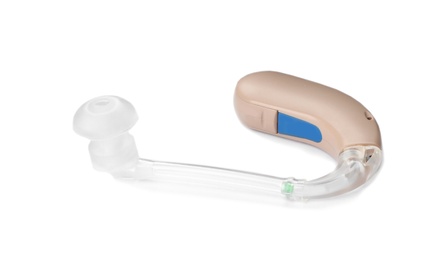 Hearing aid on white background. Medical device