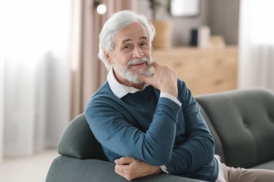 Photo of Portrait of happy grandpa with grey hair sitting on sofa indoors