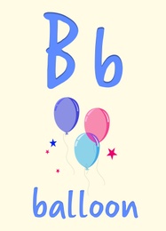 Learning English alphabet. Card with letter B and balloons, illustration