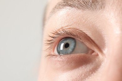 Macro photo of woman with beautiful eyes on light background. Space for text