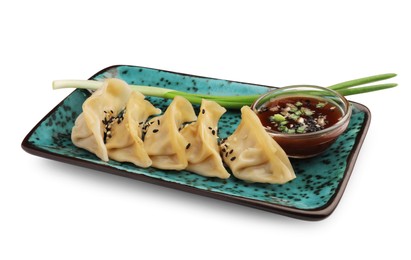 Delicious gyoza (asian dumplings) with sauce, onion and sesame isolated on white