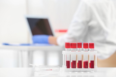 Test tubes with blood samples and scientist working on computer in laboratory