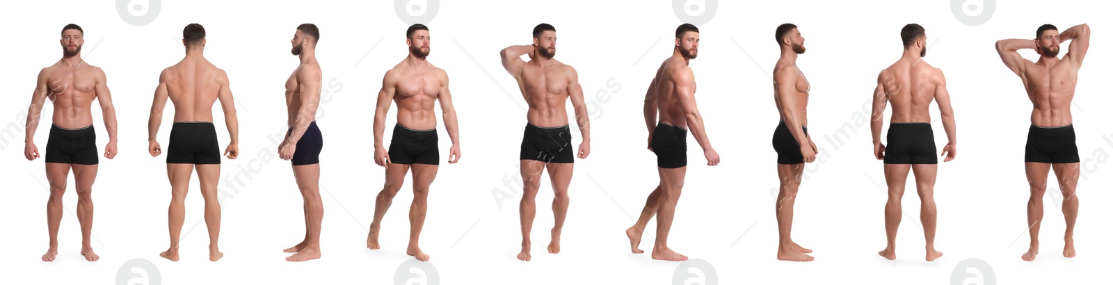 Image of Handsome man in stylish black underwear on white background, set of photos