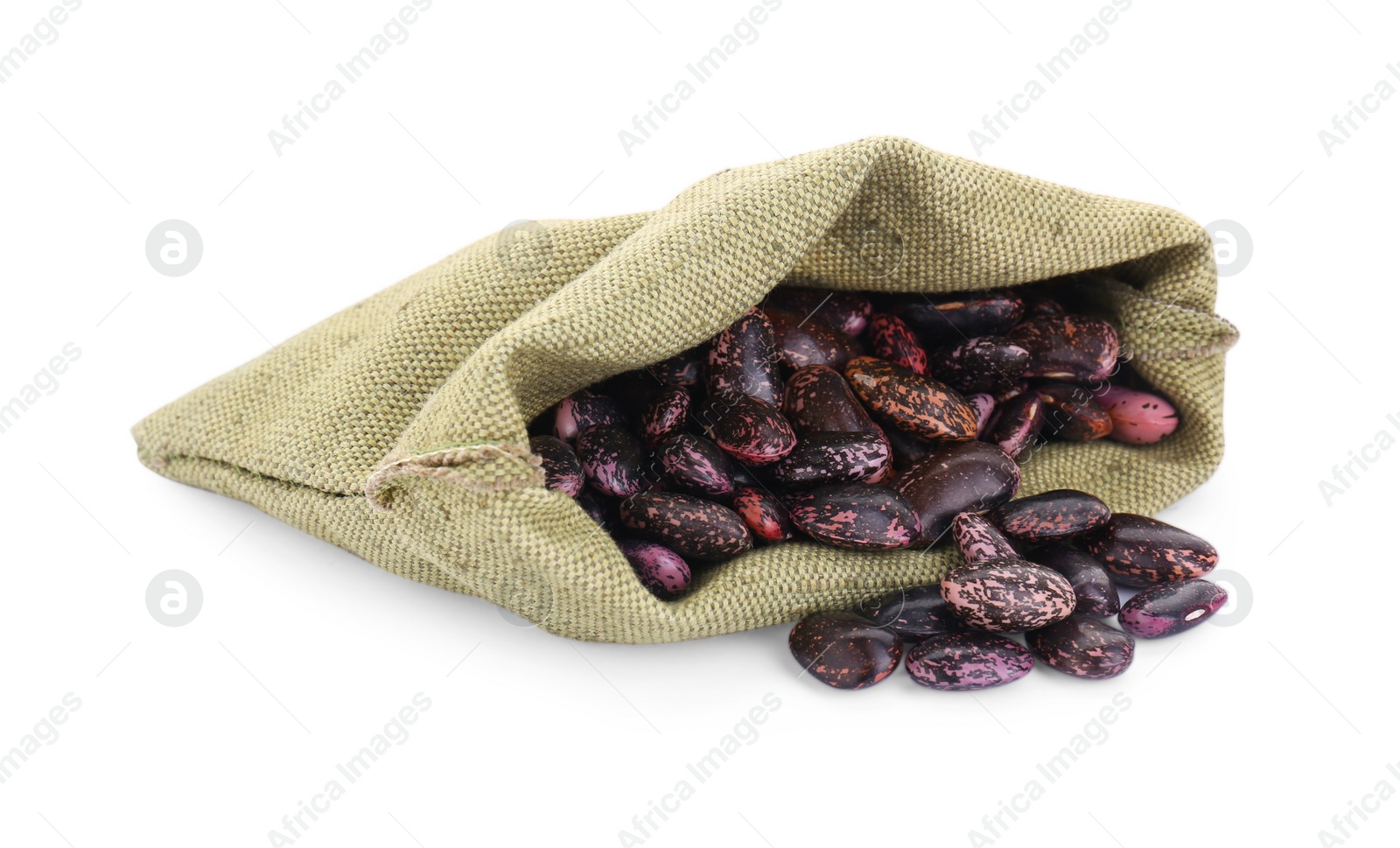 Photo of Overturned sack with dry kidney beans isolated on white