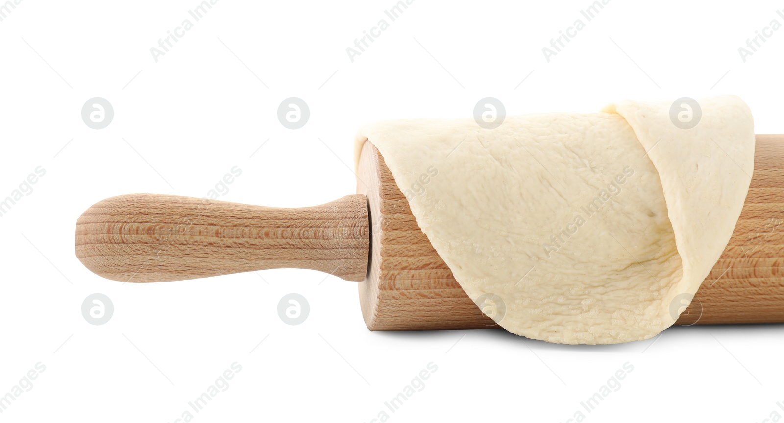 Photo of Raw dough and rolling pin isolated on white