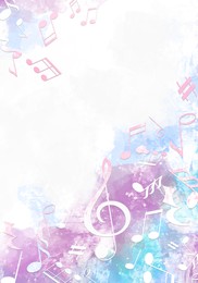 Many music notes and other musical symbols on color background