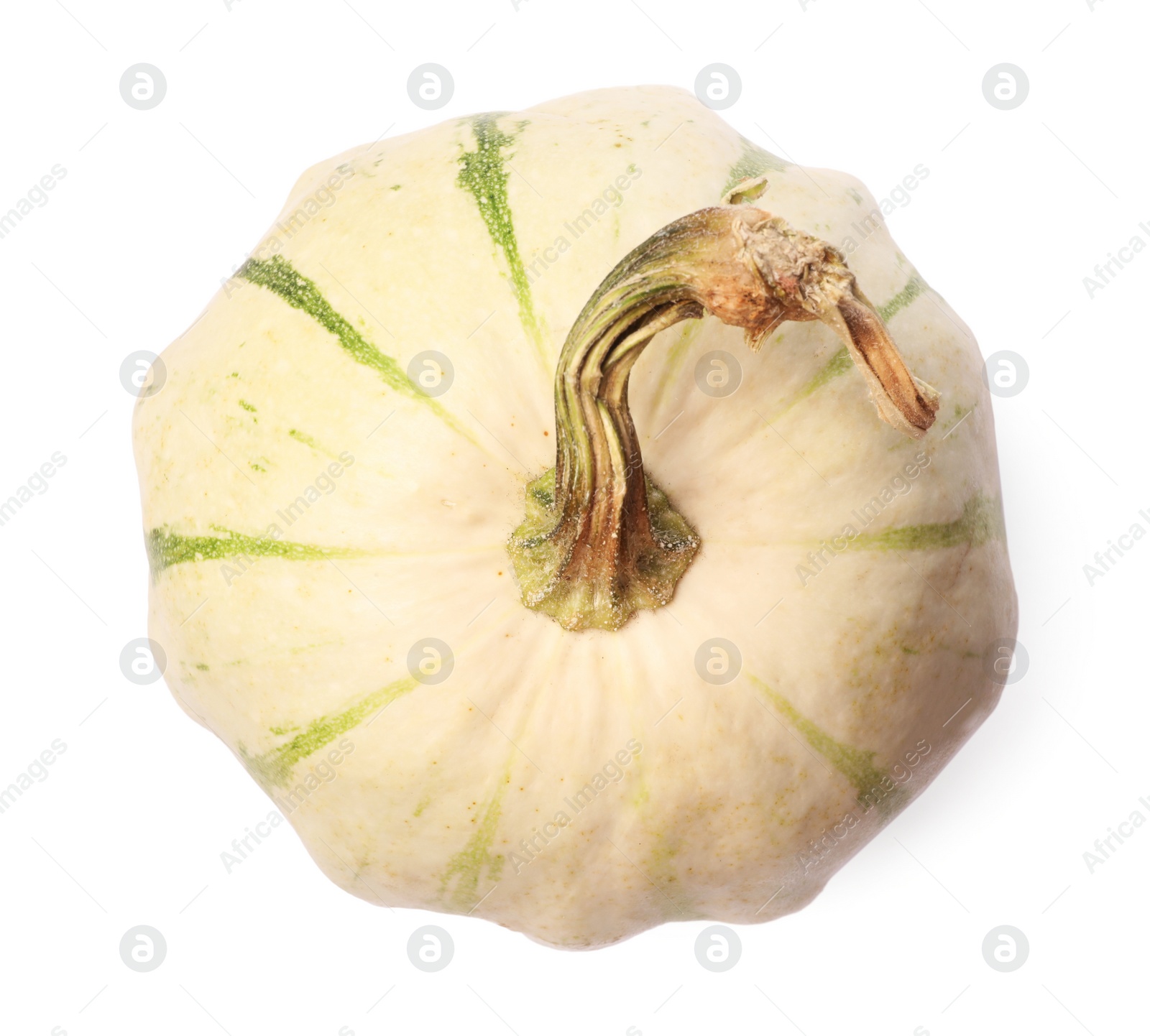 Photo of One fresh ripe pumpkin isolated on white, top view