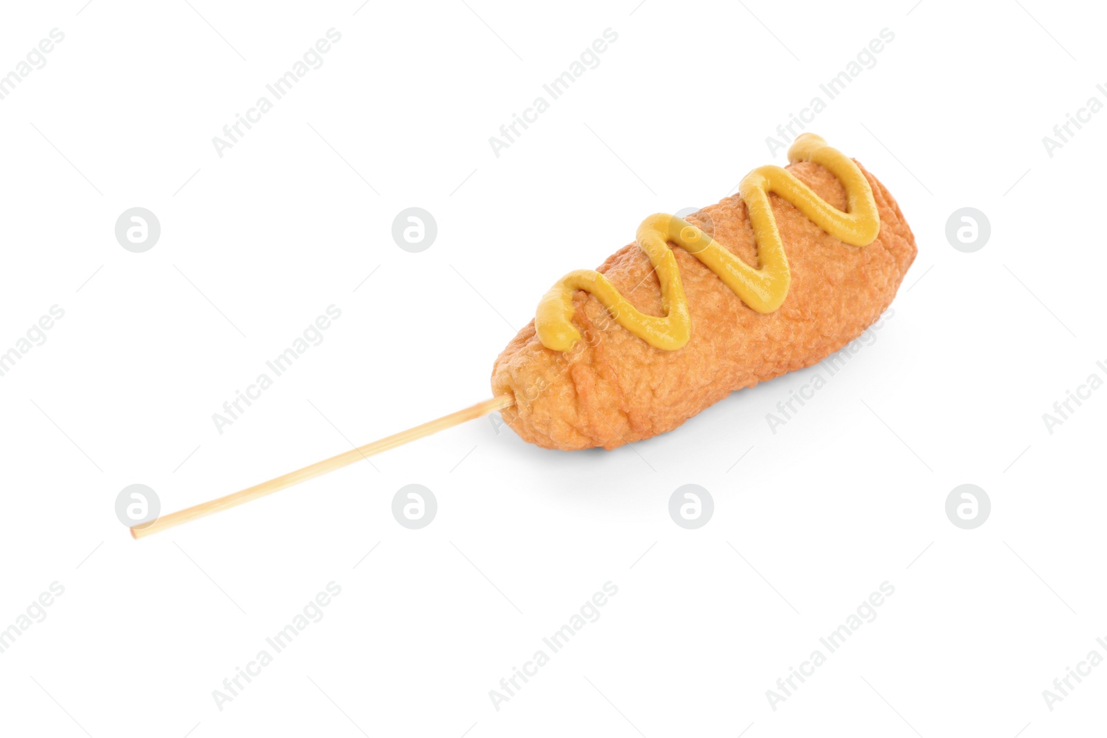 Photo of Delicious deep fried corn dog with mustard isolated on white