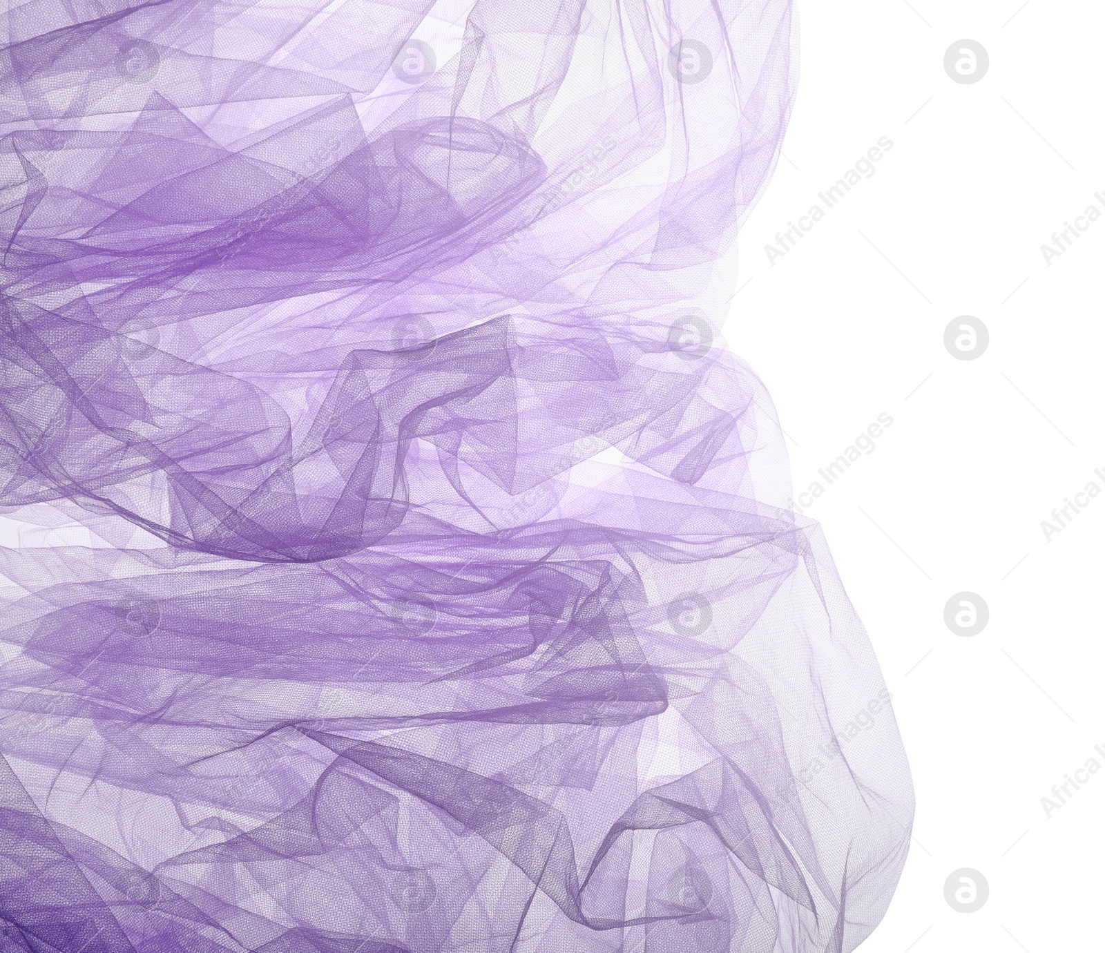 Photo of Beautiful purple tulle fabric on white background, top view. Space for text