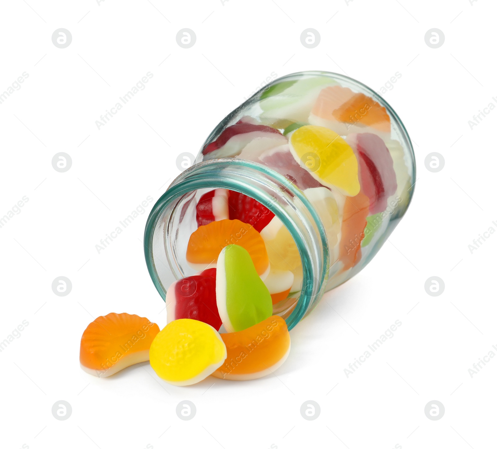 Photo of Delicious gummy fruit shaped candies in jar isolated on white