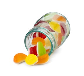 Delicious gummy fruit shaped candies in jar isolated on white