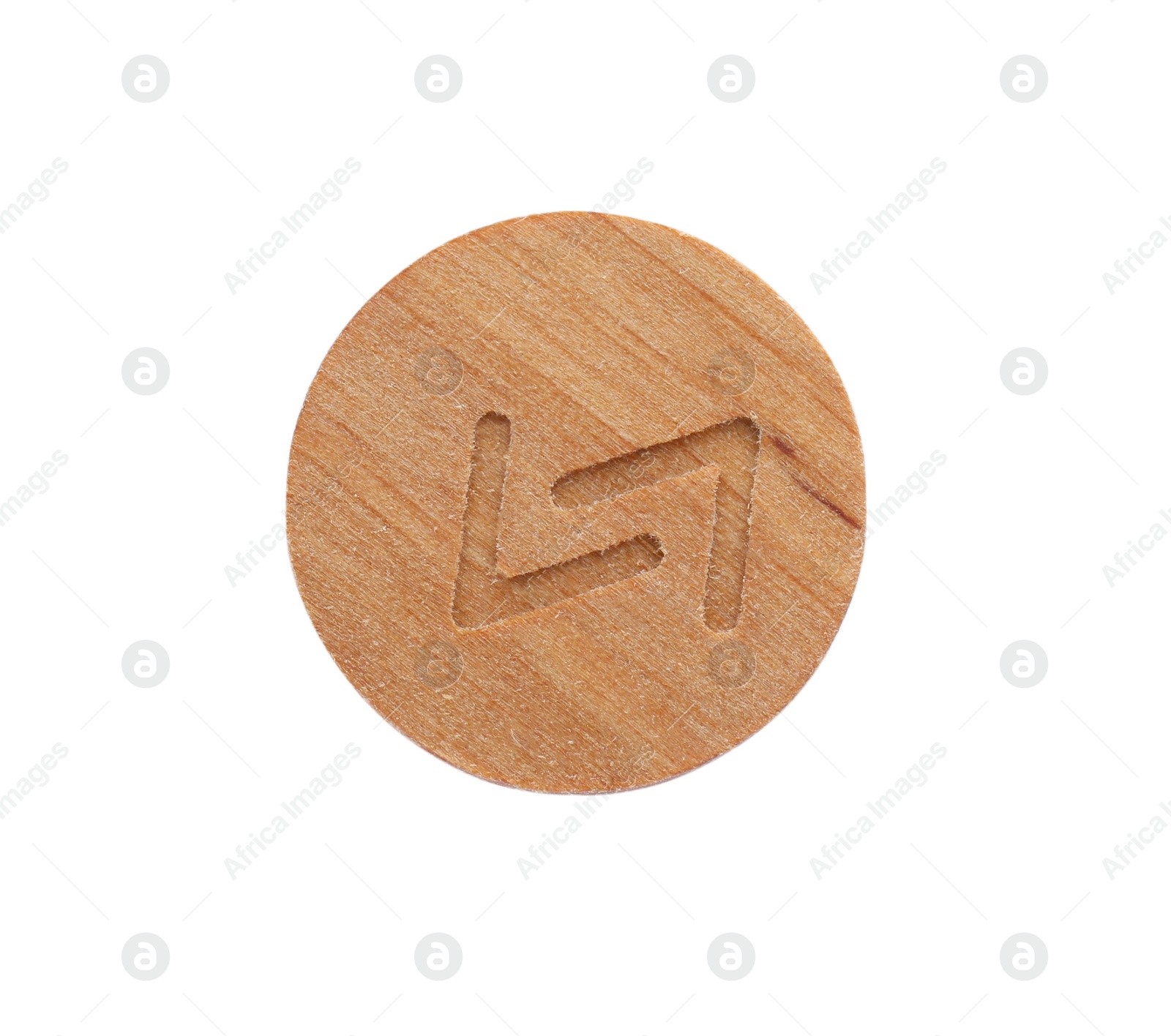 Photo of Wooden rune Jera isolated on white, top view