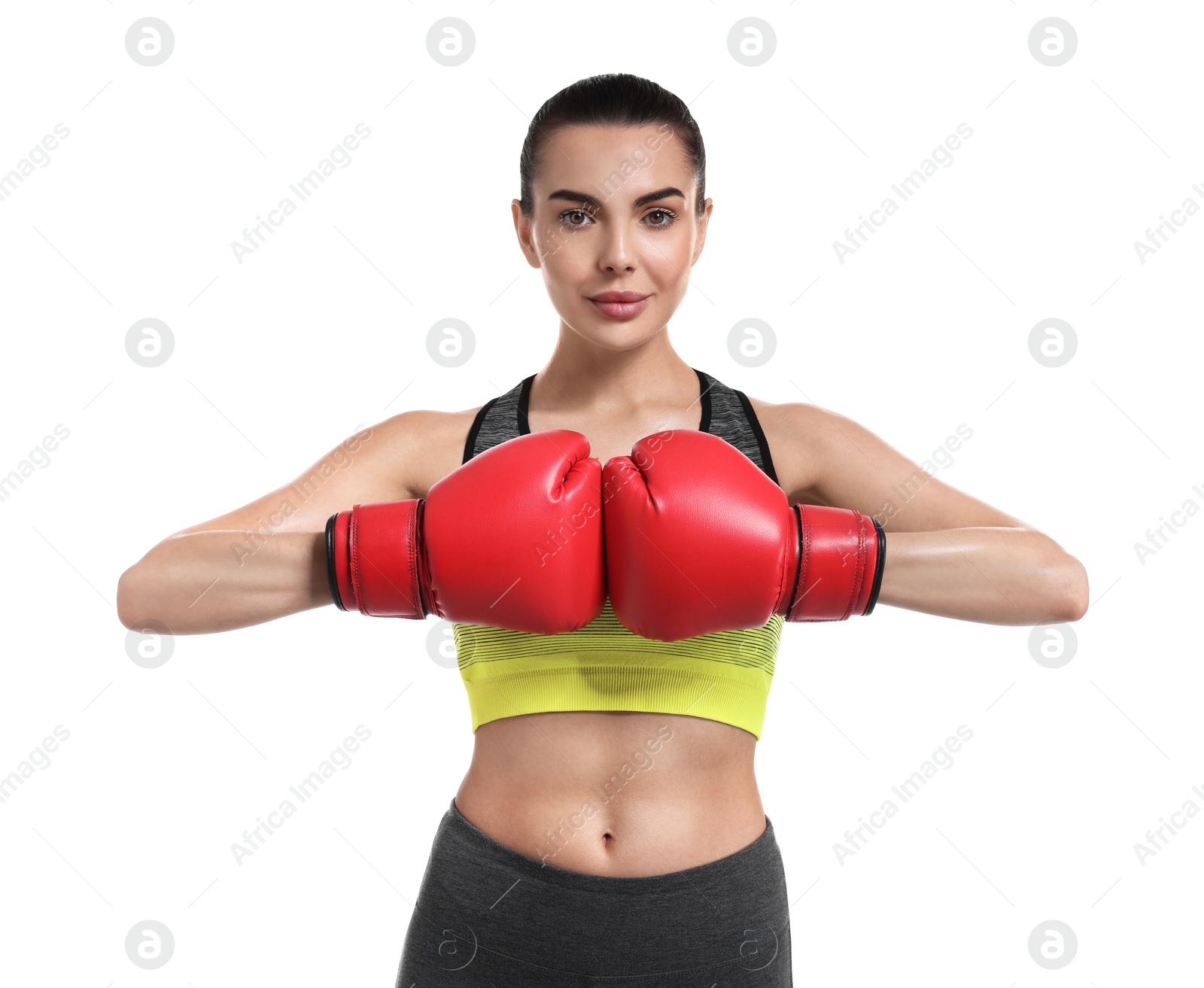 Photo of Beautiful woman in boxing gloves on white background