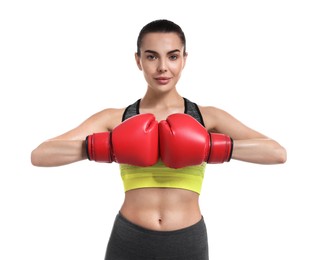 Beautiful woman in boxing gloves on white background