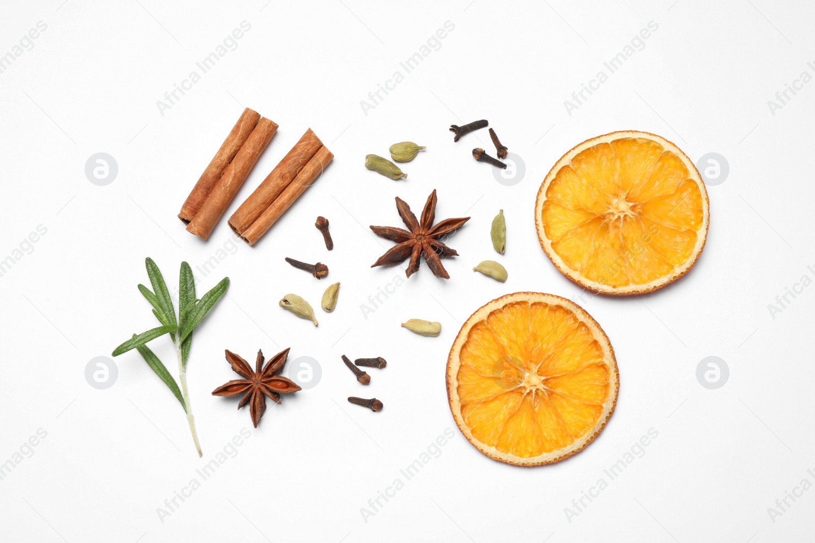 Photo of Different mulled wine ingredients on white background, flat lay