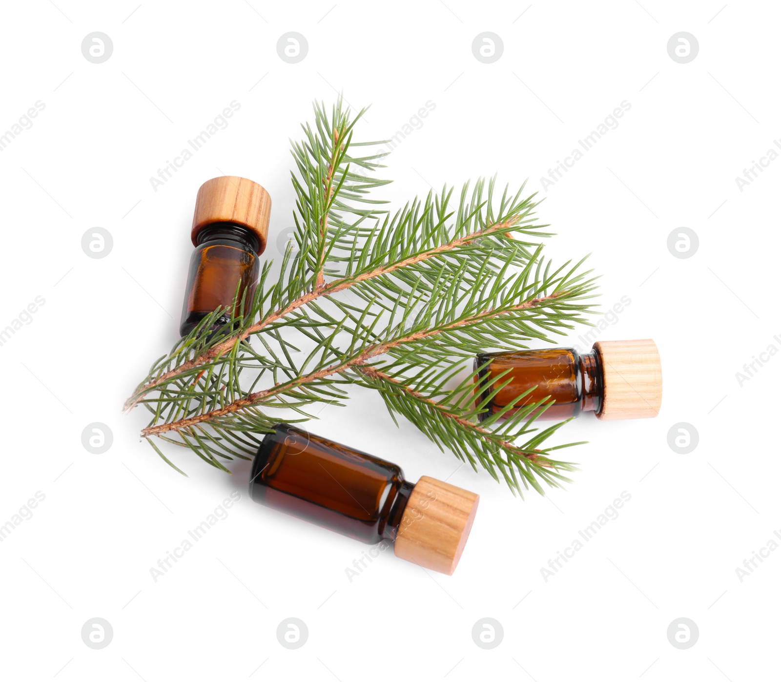 Photo of Bottles of pine essential oil on white background