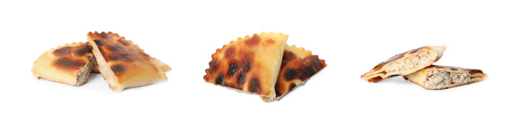 Image of Set with delicious fried chebureki on white background. Banner design