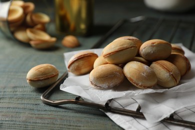 Photo of Freshly baked homemade walnut shaped cookies, closeup