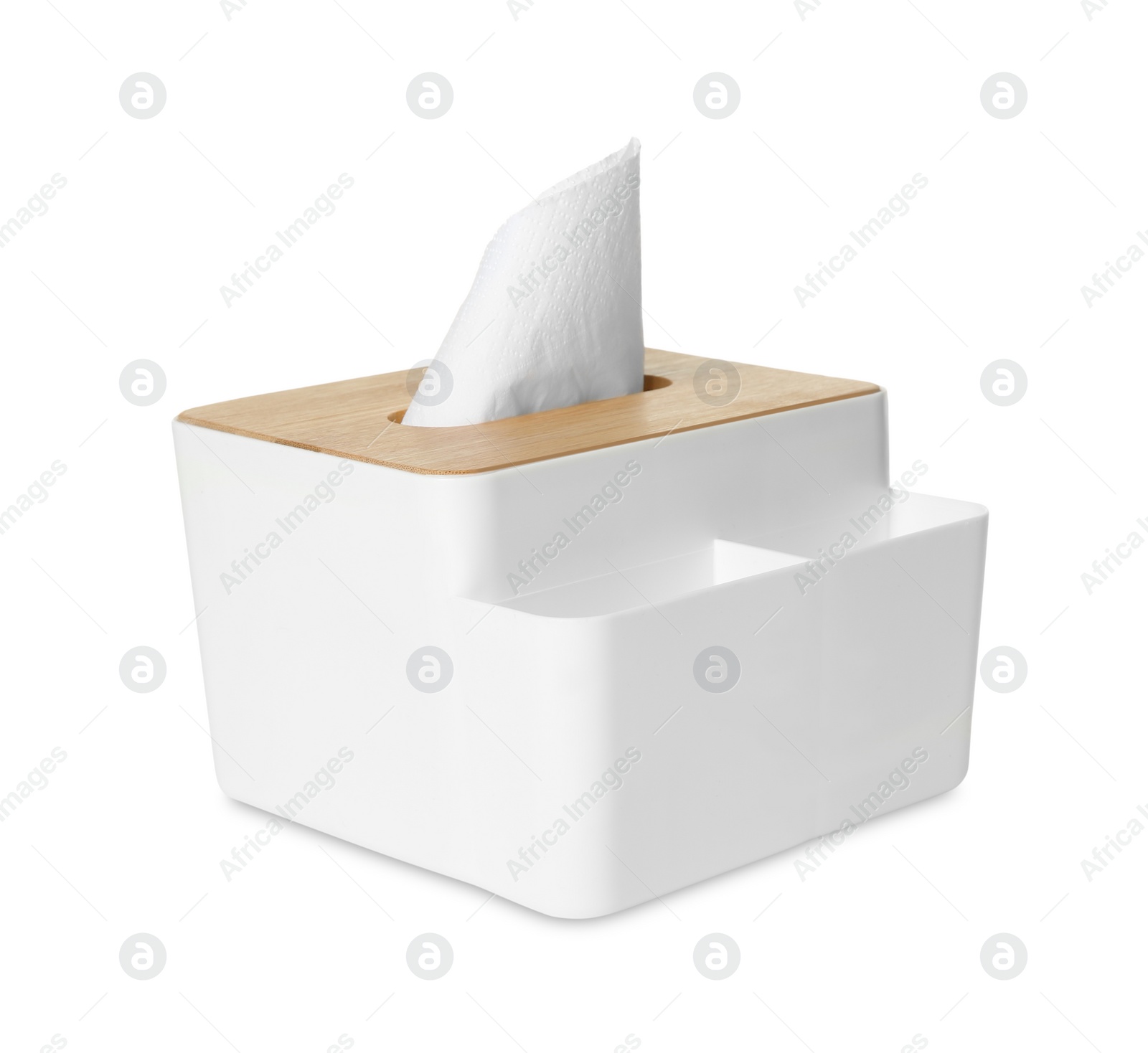 Photo of Holder with paper tissues isolated on white